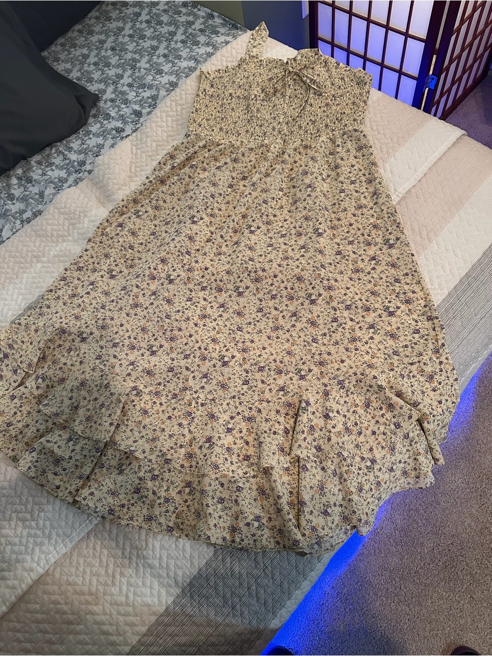 Grace Karin Cream Floral Maxi Hilo Skirt with Ruffle Hem